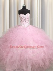 Visible Boning Floor Length Ball Gowns Sleeveless Baby Pink Sweet 16 Dress Lace Up