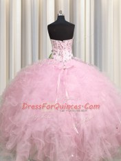 Visible Boning Floor Length Ball Gowns Sleeveless Baby Pink Sweet 16 Dress Lace Up