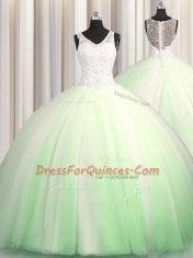 Super See Through Zipple Up Brush Train V-neck Neckline Beading and Appliques 15th Birthday Dress Sleeveless Zipper