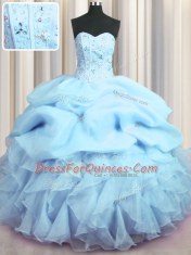 Visible Boning Sleeveless Lace Up Floor Length Beading and Ruffles and Pick Ups Quinceanera Gowns