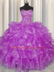 Discount Visible Boning Sleeveless Organza Floor Length Lace Up Quinceanera Dresses in Purple with Beading and Ruffles