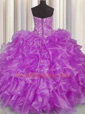 Discount Visible Boning Sleeveless Organza Floor Length Lace Up Quinceanera Dresses in Purple with Beading and Ruffles