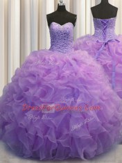 Sweetheart Sleeveless Lace Up Quinceanera Gowns Lavender Organza
