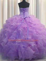 Sweetheart Sleeveless Lace Up Quinceanera Gowns Lavender Organza