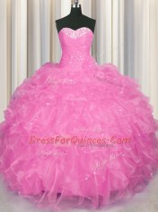 Beautiful Floor Length Lace Up Sweet 16 Dresses Rose Pink for Military Ball and Sweet 16 and Quinceanera with Beading and Ruffles