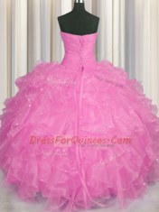 Beautiful Floor Length Lace Up Sweet 16 Dresses Rose Pink for Military Ball and Sweet 16 and Quinceanera with Beading and Ruffles
