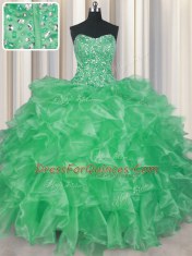 Visible Boning Organza Sleeveless Floor Length Quinceanera Dress and Beading and Ruffles