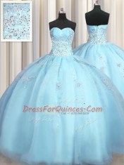 Big Puffy Sleeveless Floor Length Beading and Appliques Zipper 15 Quinceanera Dress with Baby Blue