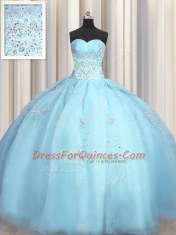 Big Puffy Sleeveless Floor Length Beading and Appliques Zipper 15 Quinceanera Dress with Baby Blue