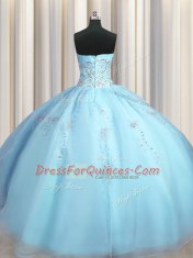 Big Puffy Sleeveless Floor Length Beading and Appliques Zipper 15 Quinceanera Dress with Baby Blue