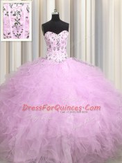 Graceful Visible Boning Lilac Lace Up 15th Birthday Dress Beading and Appliques and Ruffles Sleeveless Floor Length