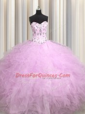 Graceful Visible Boning Lilac Lace Up 15th Birthday Dress Beading and Appliques and Ruffles Sleeveless Floor Length