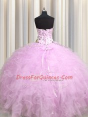 Graceful Visible Boning Lilac Lace Up 15th Birthday Dress Beading and Appliques and Ruffles Sleeveless Floor Length