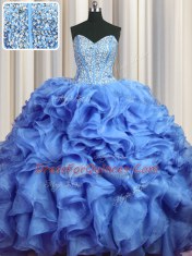 Best Selling Visible Boning Bling-bling Baby Blue Lace Up Quinceanera Gowns Beading and Ruffles Sleeveless With Brush Train