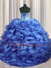 Best Selling Visible Boning Bling-bling Baby Blue Lace Up Quinceanera Gowns Beading and Ruffles Sleeveless With Brush Train