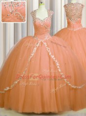 See Through Back Brush Train Orange Cap Sleeves With Train Beading and Appliques Zipper Quinceanera Dresses