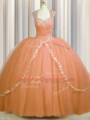 See Through Back Brush Train Orange Cap Sleeves With Train Beading and Appliques Zipper Quinceanera Dresses