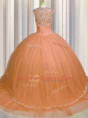 See Through Back Brush Train Orange Cap Sleeves With Train Beading and Appliques Zipper Quinceanera Dresses