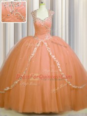 See Through Back Brush Train Orange Cap Sleeves With Train Beading and Appliques Zipper Quinceanera Dresses