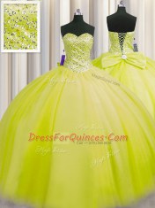 Best Really Puffy Floor Length Yellow Green Ball Gown Prom Dress Sweetheart Sleeveless Lace Up