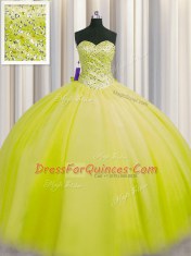 Best Really Puffy Floor Length Yellow Green Ball Gown Prom Dress Sweetheart Sleeveless Lace Up