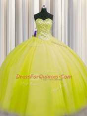 Best Really Puffy Floor Length Yellow Green Ball Gown Prom Dress Sweetheart Sleeveless Lace Up