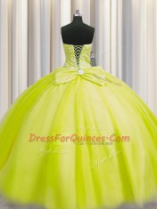 Best Really Puffy Floor Length Yellow Green Ball Gown Prom Dress Sweetheart Sleeveless Lace Up