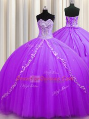 Purple Tulle Lace Up Sweet 16 Quinceanera Dress Sleeveless Sweep Train Beading