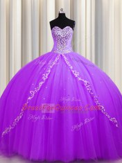 Purple Tulle Lace Up Sweet 16 Quinceanera Dress Sleeveless Sweep Train Beading