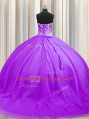Purple Tulle Lace Up Sweet 16 Quinceanera Dress Sleeveless Sweep Train Beading