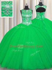 Hot Sale Scoop Green Ball Gowns Beading Quinceanera Gown Lace Up Tulle Sleeveless Floor Length