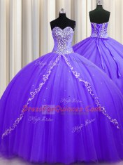 Lavender Sweetheart Lace Up Beading Quince Ball Gowns Sweep Train Sleeveless