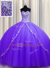 Lavender Sweetheart Lace Up Beading Quince Ball Gowns Sweep Train Sleeveless