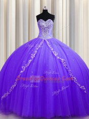 Lavender Sweetheart Lace Up Beading Quince Ball Gowns Sweep Train Sleeveless