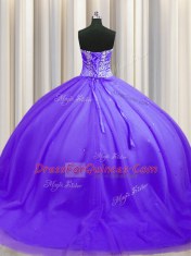 Lavender Sweetheart Lace Up Beading Quince Ball Gowns Sweep Train Sleeveless