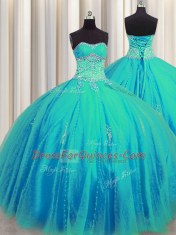 Affordable Big Puffy Aqua Blue Sleeveless Tulle Lace Up Sweet 16 Dress for Military Ball and Sweet 16 and Quinceanera