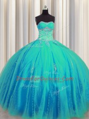 Affordable Big Puffy Aqua Blue Sleeveless Tulle Lace Up Sweet 16 Dress for Military Ball and Sweet 16 and Quinceanera