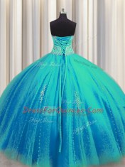 Affordable Big Puffy Aqua Blue Sleeveless Tulle Lace Up Sweet 16 Dress for Military Ball and Sweet 16 and Quinceanera