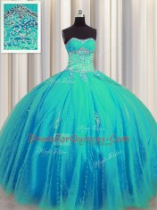 Affordable Big Puffy Aqua Blue Sleeveless Tulle Lace Up Sweet 16 Dress for Military Ball and Sweet 16 and Quinceanera