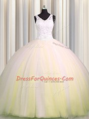 Beautiful Zipple Up V Neck Sleeveless Beading and Appliques Zipper Quinceanera Gown with Light Yellow Brush Train