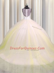 Beautiful Zipple Up V Neck Sleeveless Beading and Appliques Zipper Quinceanera Gown with Light Yellow Brush Train
