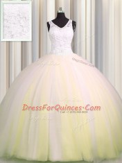 Beautiful Zipple Up V Neck Sleeveless Beading and Appliques Zipper Quinceanera Gown with Light Yellow Brush Train