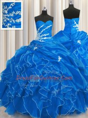 Blue Organza Lace Up Sweetheart Sleeveless Floor Length Ball Gown Prom Dress Beading and Appliques and Ruffles