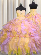 Customized Three Piece Sweetheart Sleeveless Organza Quinceanera Gown Beading and Appliques and Ruffles Lace Up