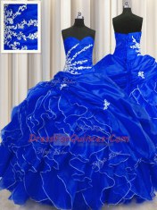 Sexy Royal Blue Ball Gowns Sweetheart Sleeveless Organza Floor Length Lace Up Beading and Appliques and Ruffles Quinceanera Dresses