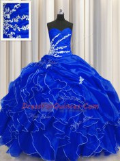 Sexy Royal Blue Ball Gowns Sweetheart Sleeveless Organza Floor Length Lace Up Beading and Appliques and Ruffles Quinceanera Dresses