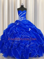 Sexy Royal Blue Ball Gowns Sweetheart Sleeveless Organza Floor Length Lace Up Beading and Appliques and Ruffles Quinceanera Dresses