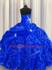Sexy Royal Blue Ball Gowns Sweetheart Sleeveless Organza Floor Length Lace Up Beading and Appliques and Ruffles Quinceanera Dresses