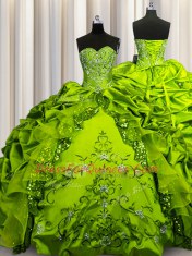Olive Green Lace Up Quinceanera Dress Beading and Embroidery and Ruffles and Sequins and Pick Ups Sleeveless Floor Length