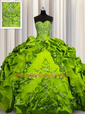 Olive Green Lace Up Quinceanera Dress Beading and Embroidery and Ruffles and Sequins and Pick Ups Sleeveless Floor Length